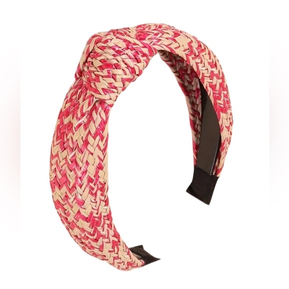 Rose Red & Tan Woven Raffia Knotted Headband - Picture 1 of 2
